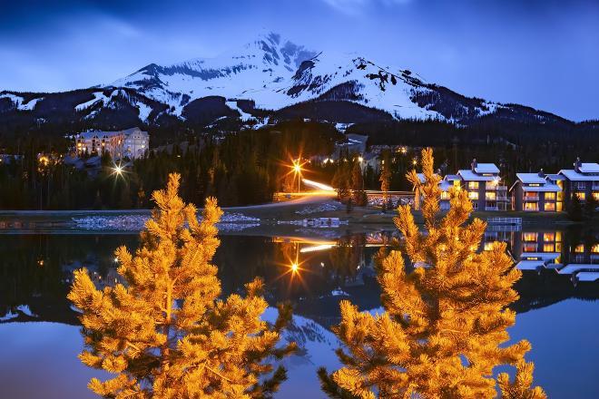 Ski resort lit up at night